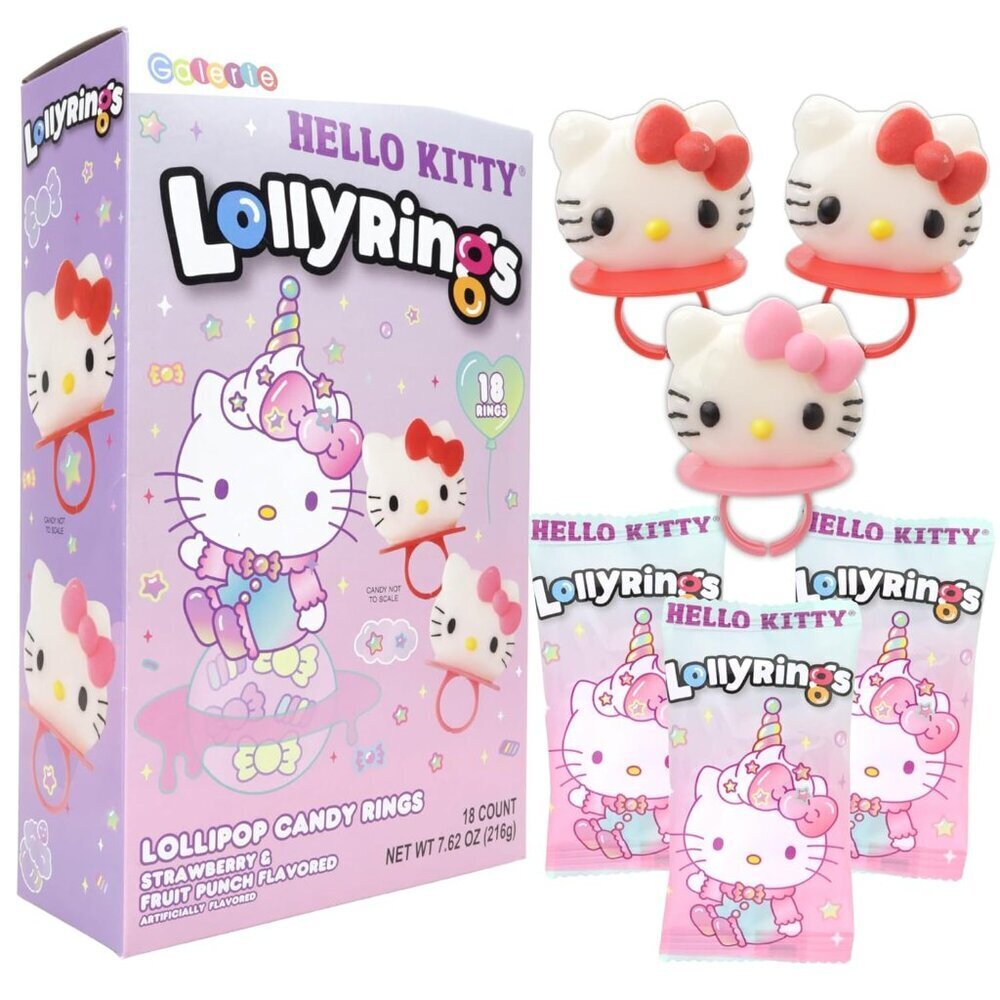 Hello Kitty Lollipop Rings, Strawberry and Fruit Punch Flavored, Individually Wr